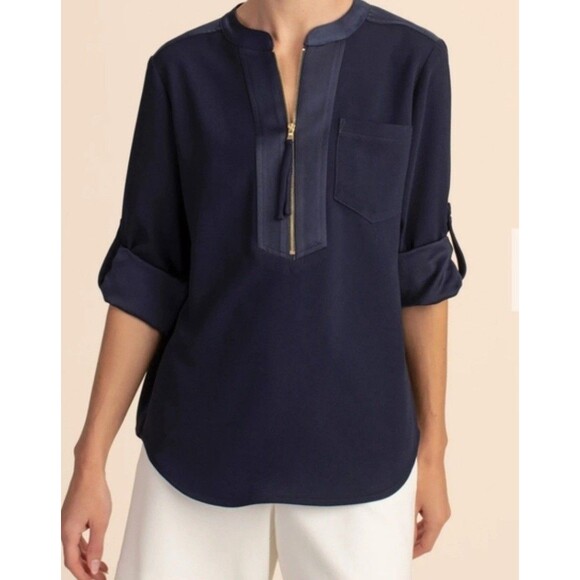 Trina Turk Tops - Trina Turk Kaiko Navy Blue Zip Tunic Shirt Dress Womens Size M Roll Tab Coastal